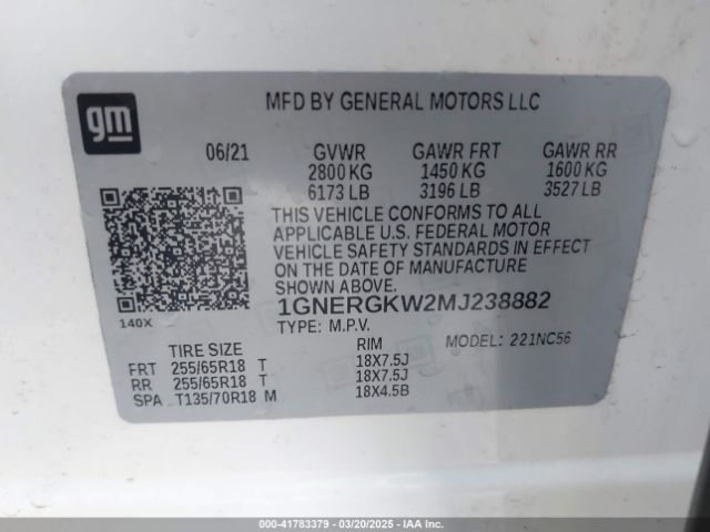 1GNERGKW2MJ238882 Chevrolet Traverse Fwd Lt Cloth