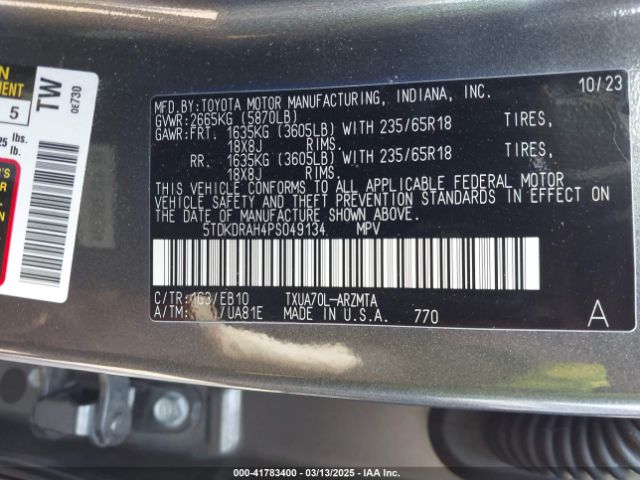 5TDKDRAH4PS049134 Toyota Highlander Xle
