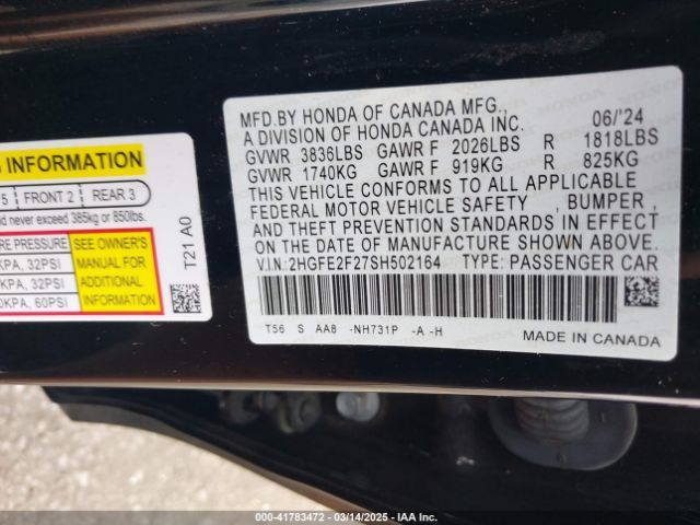2HGFE2F27SH502164 Honda Civic Lx