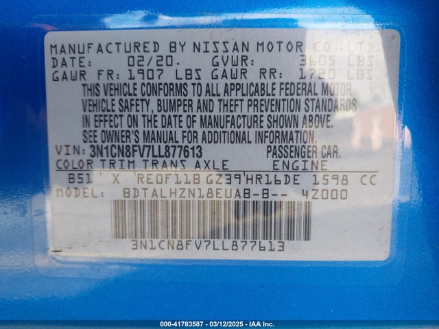 Nissan Versa Sr Xtronic Cvt 2020 3N1CN8FV7LL877613 Image 9