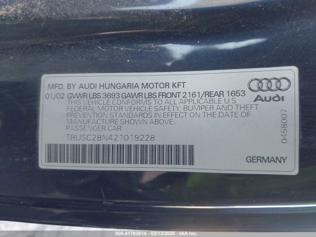 2002 AUDI TT TRUSC28N421019228 Photo 8