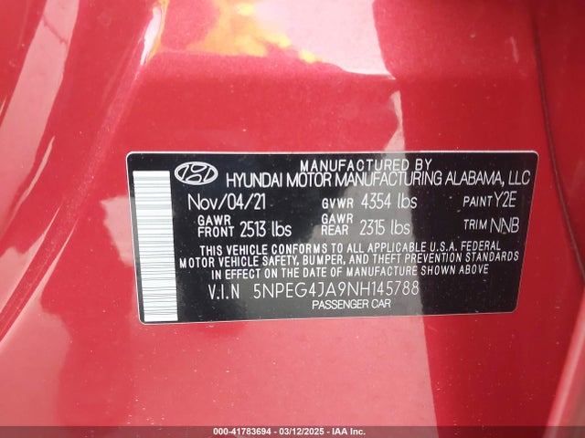 5NPEG4JA9NH145788 Hyundai SONATA SE