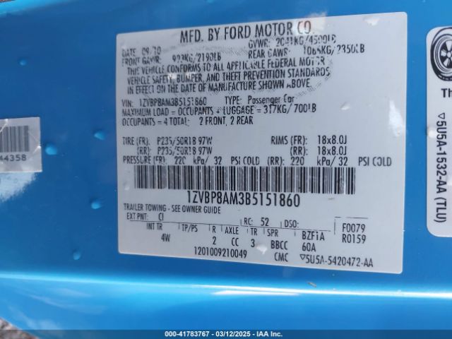 2011 FORD MUSTANG 1ZVBP8AM3B5151860 Photo 8