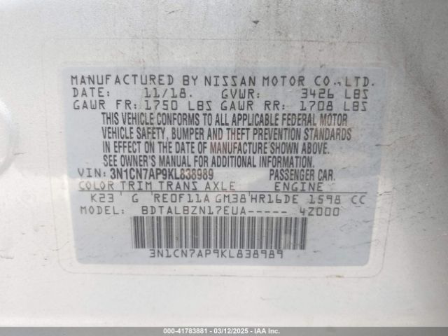 3N1CN7AP9KL838989 Nissan Versa 1.6 Sv
