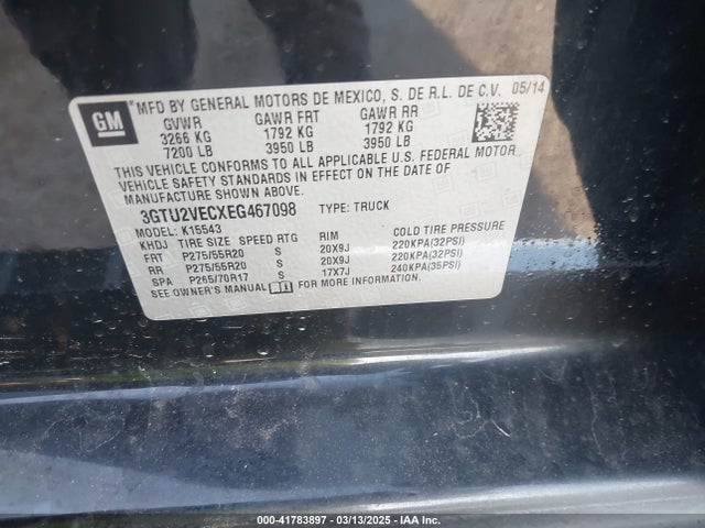 Aukcja sprzedaży 2014 Gmc Sierra 1500 Slt, vin: 3GTU2VECXEG467098, numer aukcji: 41783897