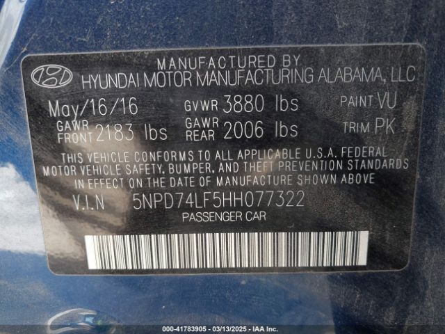 5NPD74LF5HH077322 Hyundai ELANTRA SE