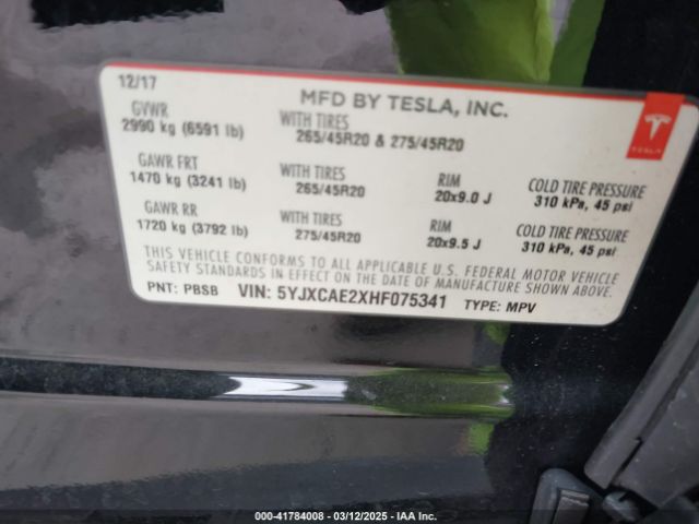 5YJXCAE2XHF075341 Tesla Model X 100d/75d/90d