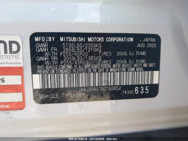 JA4J3VA83NZ092652 Mitsubishi Outlander Sel 2.5 2wd/sel Special Edition