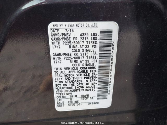 JN8AS5MT9FW162560 Nissan Rogue Select S
