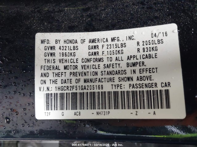 1HGCR2F51GA205169 Honda Accord Sport