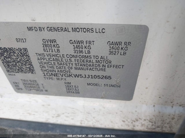 1GNEVGKW5JJ105265 Chevrolet Traverse 1lt