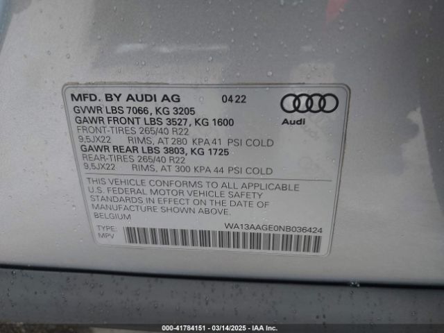 WA13AAGE0NB036424 Audi E-tron Sportback Prestige S Line Quattro