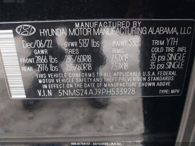 5NMS24AJ9PH533928 Hyundai Santa Fe Sel