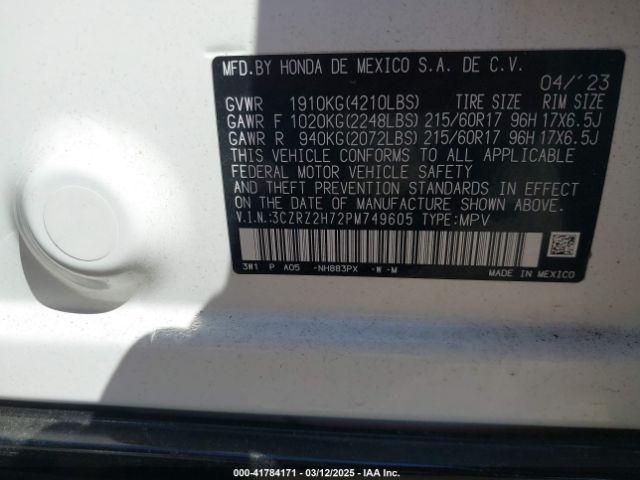 3CZRZ2H72PM749605 Honda Hr-v Awd Ex-l