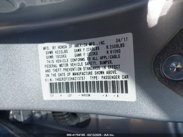 Honda ACCORD LX 2017 1HGCR2F33HA213757 Image 9