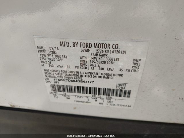 1FM5K7D80JGB63177 Ford EXPLORER XLT