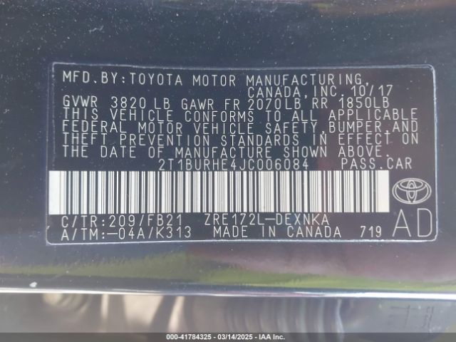 2T1BURHE4JC006084 Toyota COROLLA LE
