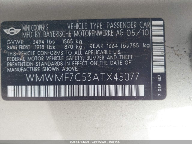 2010 MINI COOPER S WMWMF7C53ATX45077 Photo 8