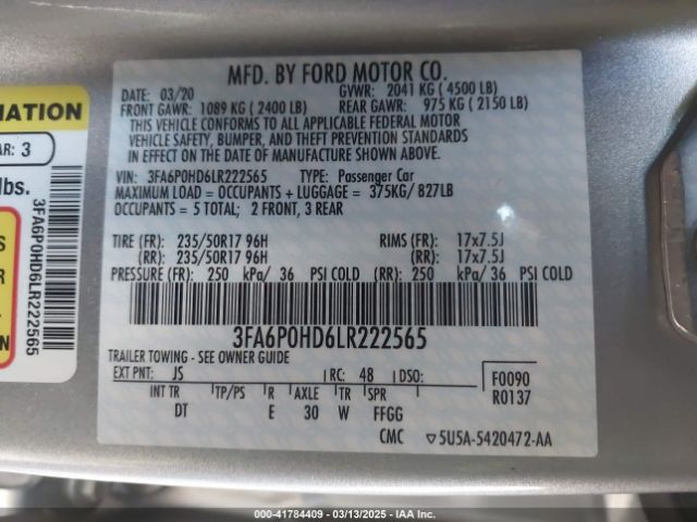 3FA6P0HD6LR222565 Ford FUSION SE