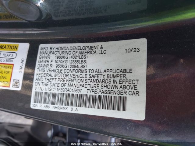 1HGCY1F39RA015697 Honda l15be