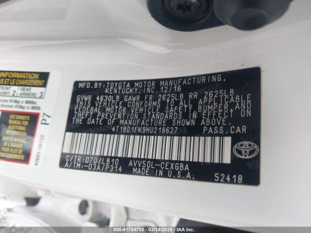 4T1BD1FK9HU218627 Toyota Camry Hybrid Xle