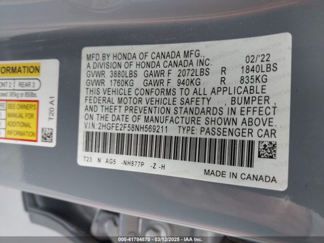 2HGFE2F58NH569211 Honda Civic Sport