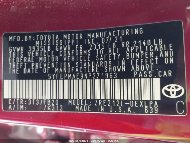 5YFEPMAE9NP271963 Toyota COROLLA LE