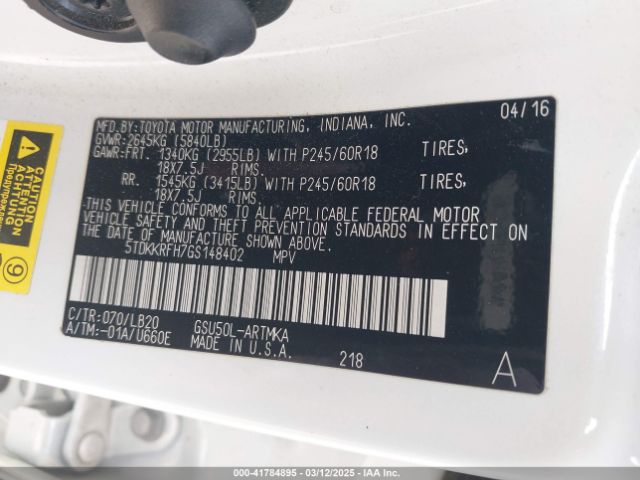 5TDKKRFH7GS148402 Toyota Highlander Xle V6