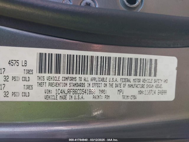 2012 Jeep Patriot Latitude მანქანა იყიდება აუქციონზე, vin: 1C4NJRFB6CD541860, აუქციონის ნომერი: 41784940