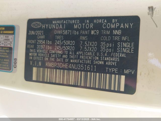 KM8R3DHE4NU351611 Hyundai Palisade Sel