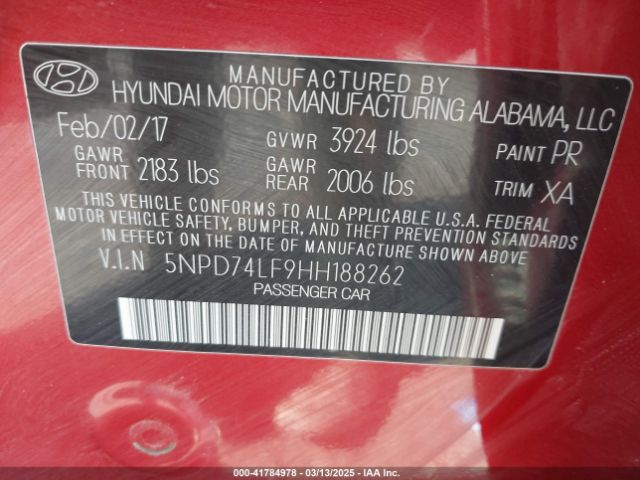 5NPD74LF9HH188262 Hyundai ELANTRA SE