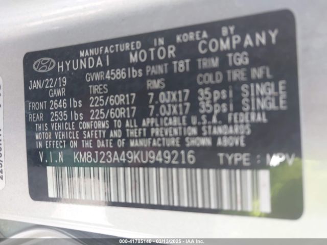 KM8J23A49KU949216 Hyundai TUCSON SE