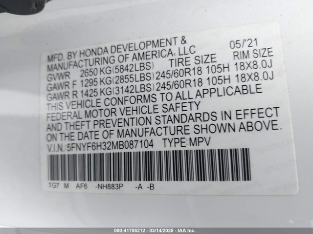 5FNYF6H32MB087104 Honda Pilot Awd Ex