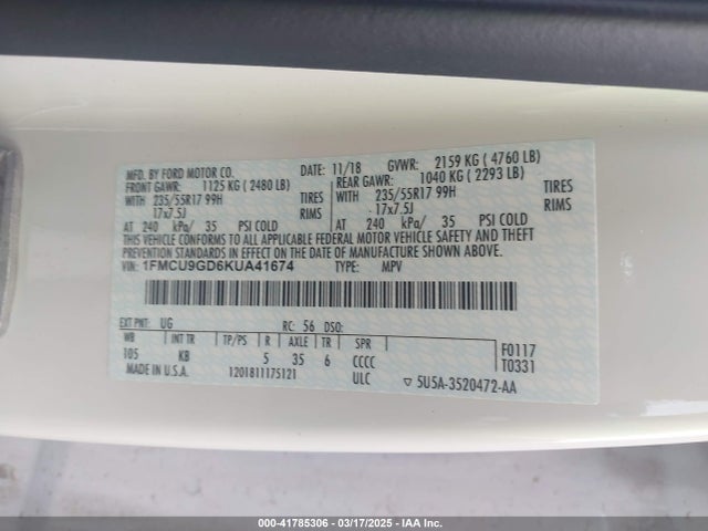 1FMCU9GD6KUA41674 Ford 1.5l gtdi sigma w/premium fuel