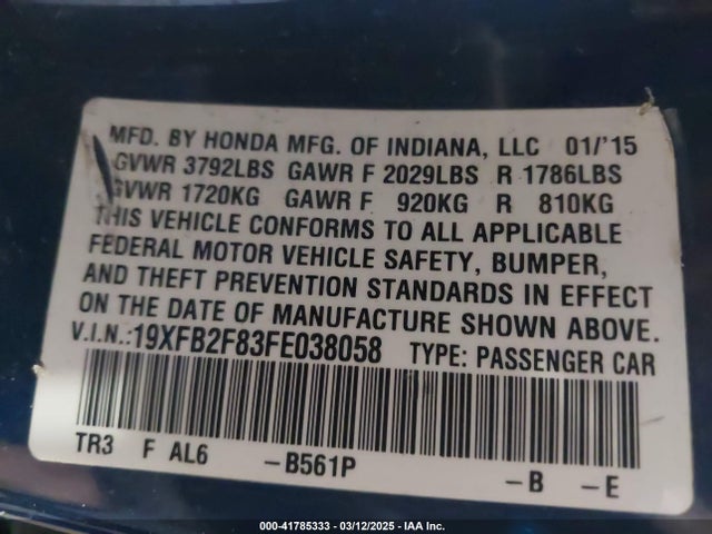 19XFB2F83FE038058 Honda CIVIC EX