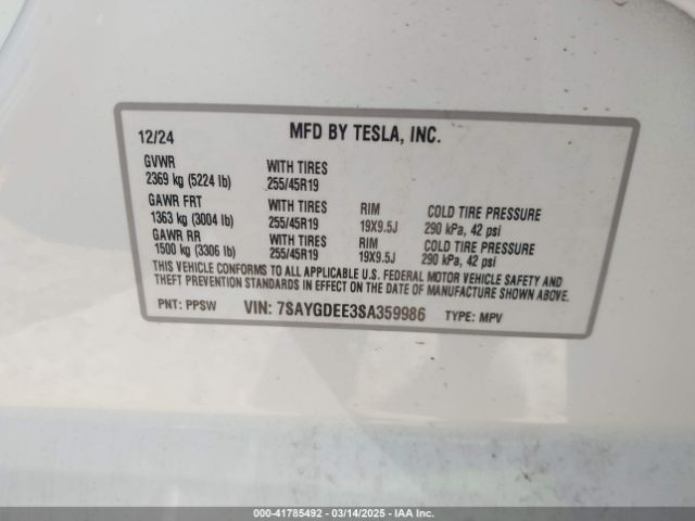 7SAYGDEE3SA359986 Tesla Model Y Long Range Dual Motor All-wheel Drive