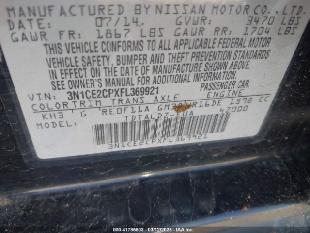 3N1CE2CPXFL369921 Nissan Versa Note S (sr)/s Plus/sl/sr/sv