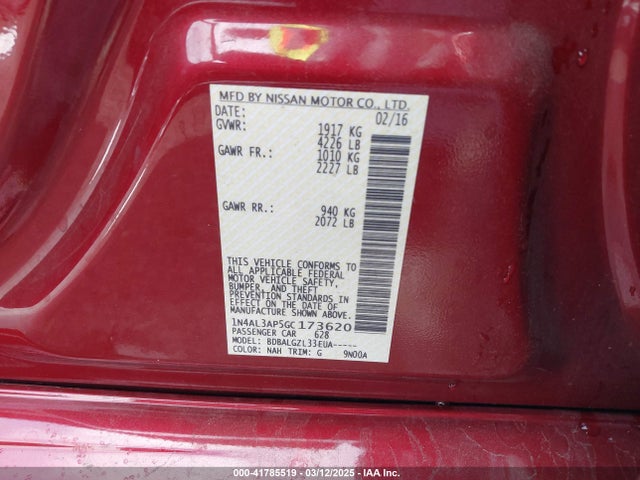 1N4AL3AP5GC173620 Nissan Altima 2.5/2.5 S/2.5 Sl/2.5 Sr/2.5 Sv
