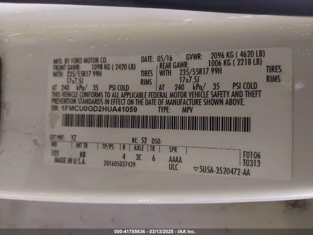 1FMCU0GD2HUA41059 Ford ESCAPE SE