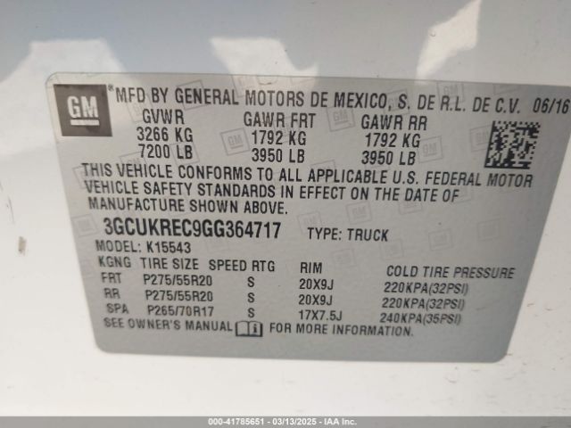 3GCUKREC9GG364717 Chevrolet Silverado 1500 2lt