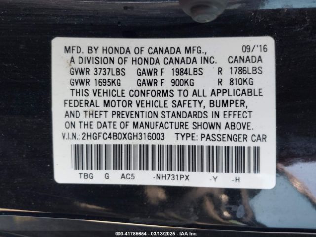 2HGFC4B0XGH316003 Honda Civic Lx-p