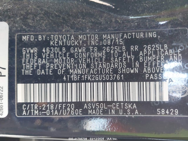 Продажа на аукционе авто 2016 Toyota Camry Se, vin: 4T1BF1FK2GU503761, номер лота: 41785709