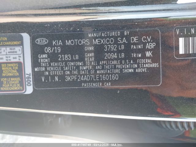 3KPF24AD7LE160160 KIA FORTE FE