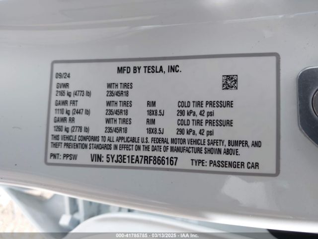 5YJ3E1EA7RF866167 Tesla MODEL 3