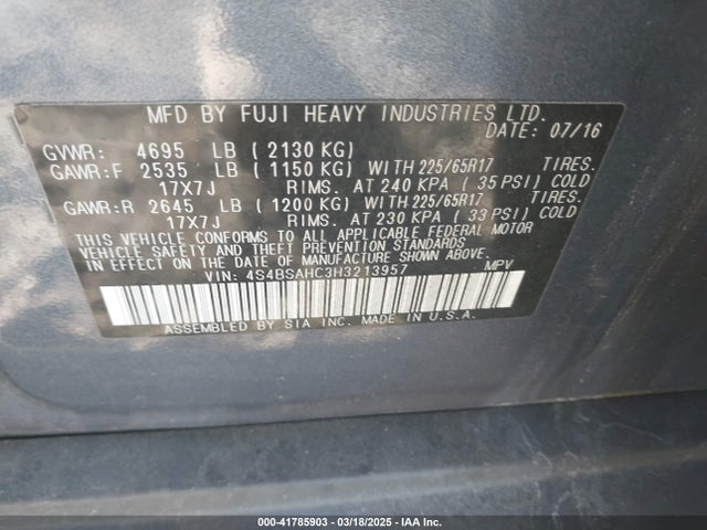 4S4BSAHC3H3213957 Subaru Outback 2.5i Premium