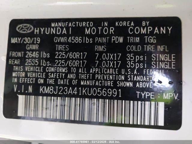 KM8J23A41KU056991 Hyundai TUCSON SE