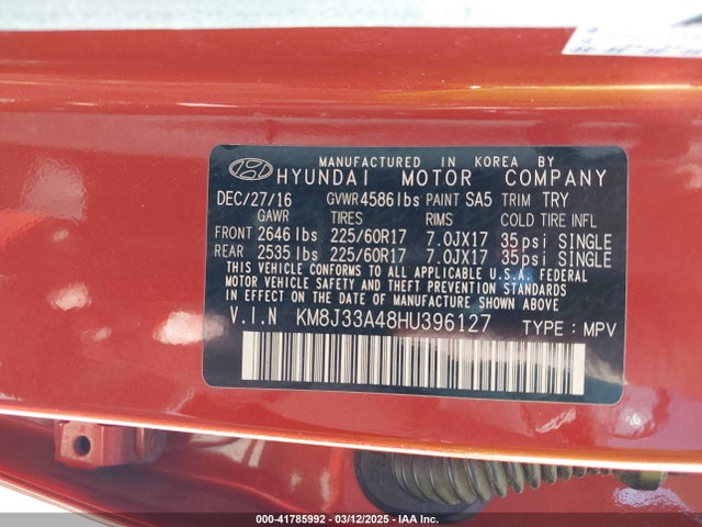 KM8J33A48HU396127 Hyundai TUCSON SE