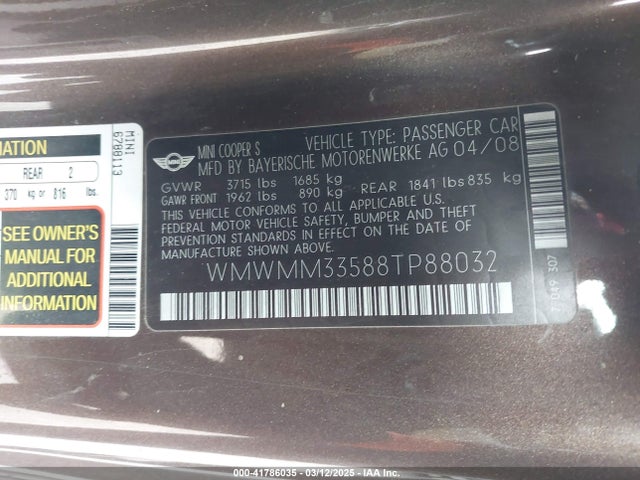 2008 MINI COOPER S CLUBMAN WMWMM33588TP88032 Photo 8