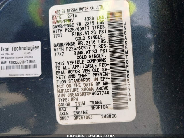 JN8AS5MT0FW657746 Nissan Rogue Select S