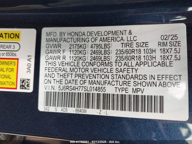 5J6RS4H77SL014855 Honda Cr-v Ex-l Awd